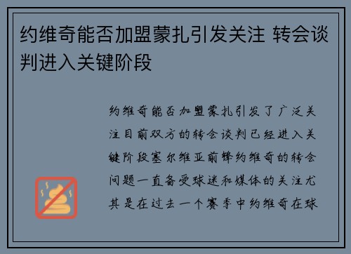 约维奇能否加盟蒙扎引发关注 转会谈判进入关键阶段
