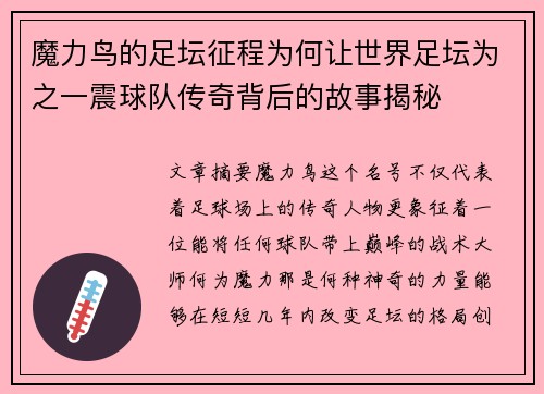 魔力鸟的足坛征程为何让世界足坛为之一震球队传奇背后的故事揭秘 魔力鸟的足坛征程为何让世界足坛为之一震球队传奇背后的故事揭秘